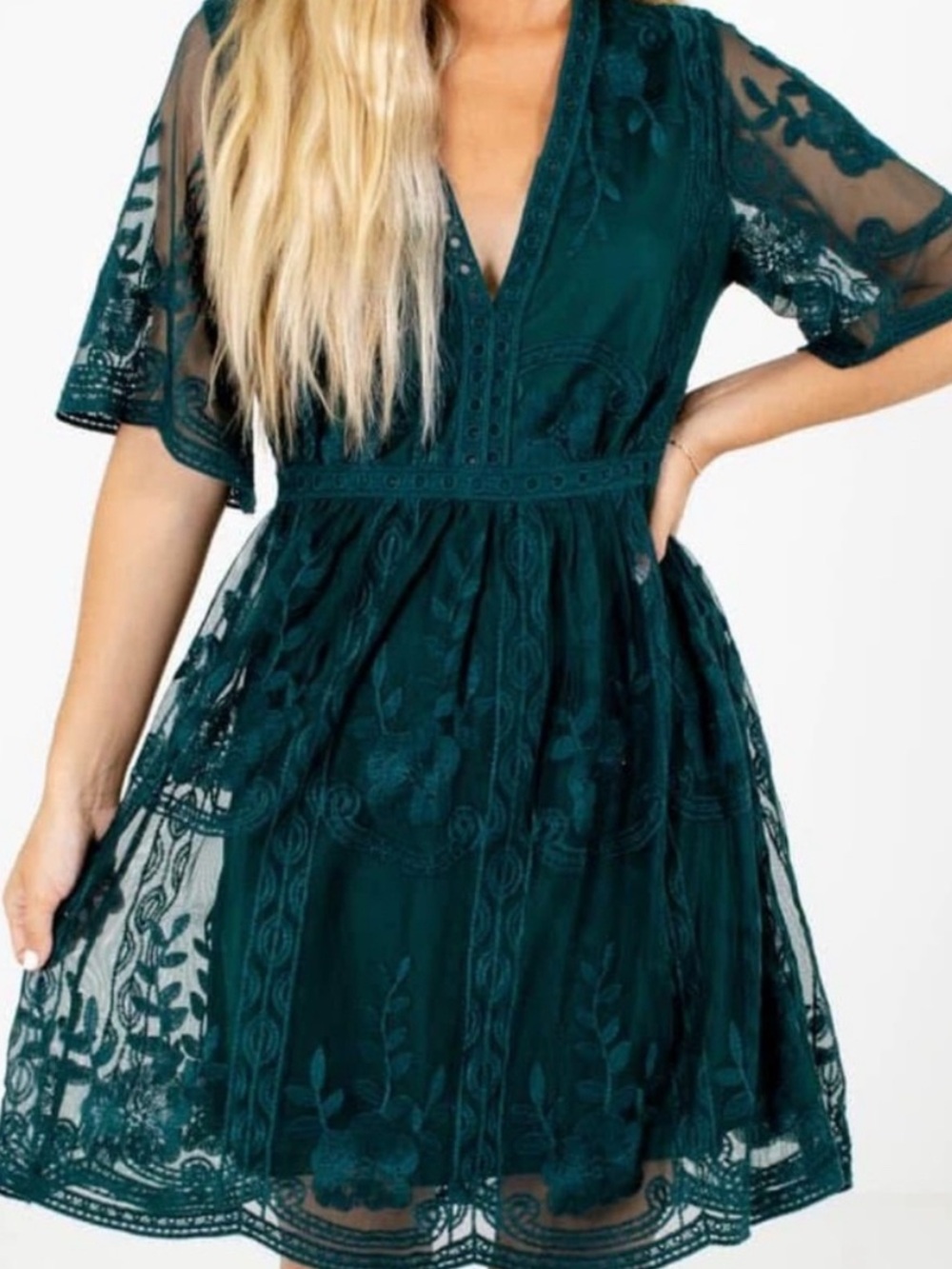 Bella Ella V-Neck Mini Dress | Pthalo Green | NWOT